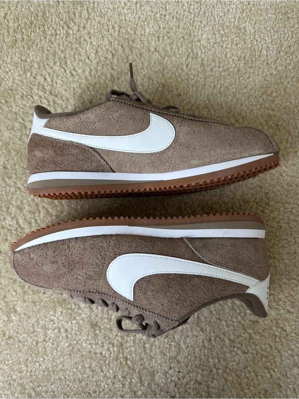 Nike Women’s Cortez Brown Suede Sneakers with White Swoosh